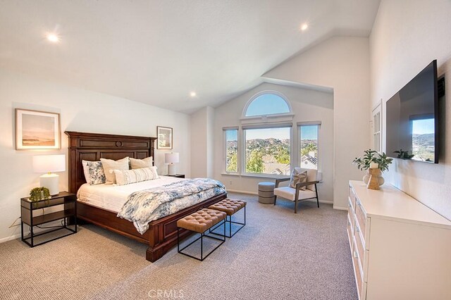 bedroom featuring light colored carpet and lofted ceiling