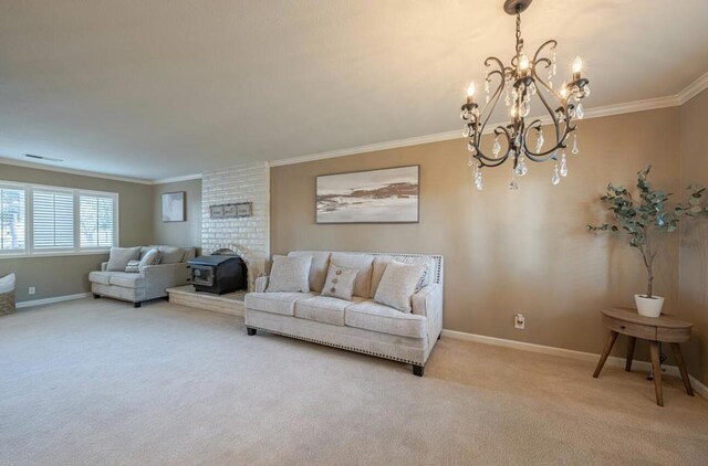 carpeted living room featuring a wood stove, crown molding, and a chandelier