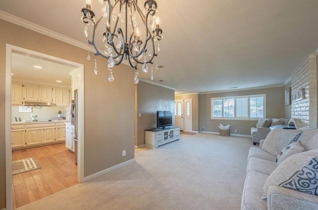 carpeted living room featuring an inviting chandelier and ornamental molding