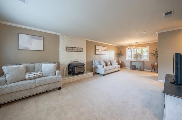 carpeted living room featuring an inviting chandelier, ornamental molding, and a wood stove