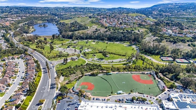 aerial view featuring a water view