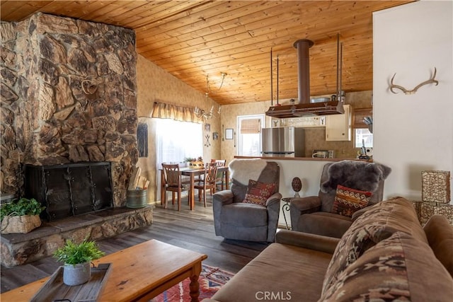 living room with high vaulted ceiling, wood-type flooring, wood ceiling, and a fireplace