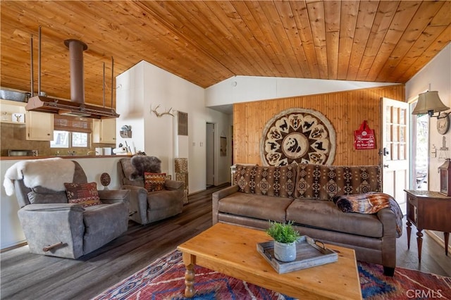 living room with lofted ceiling, wood ceiling, wooden walls, and hardwood / wood-style flooring