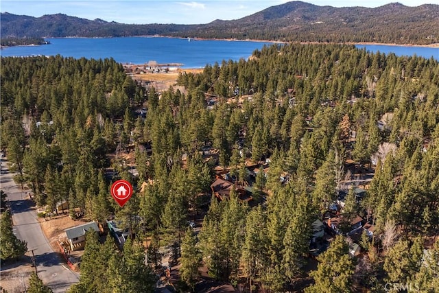 drone / aerial view with a water and mountain view