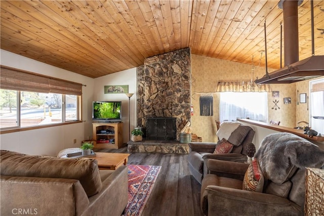 living room with wooden ceiling, plenty of natural light, lofted ceiling, and hardwood / wood-style floors