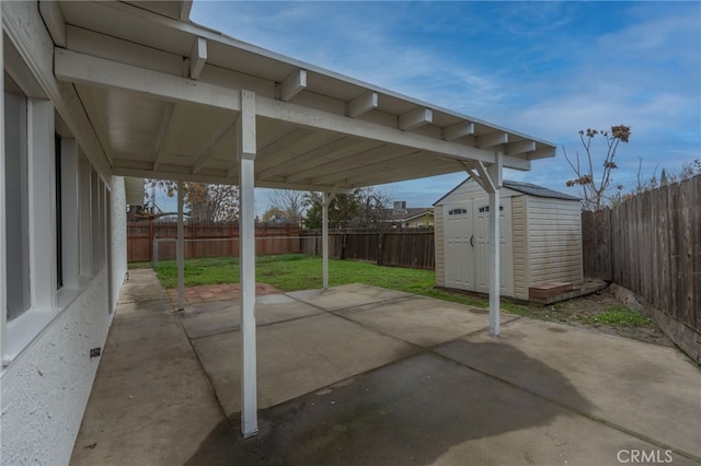 view of patio with a shed