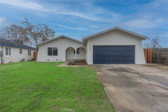 single story home featuring a garage and a front lawn