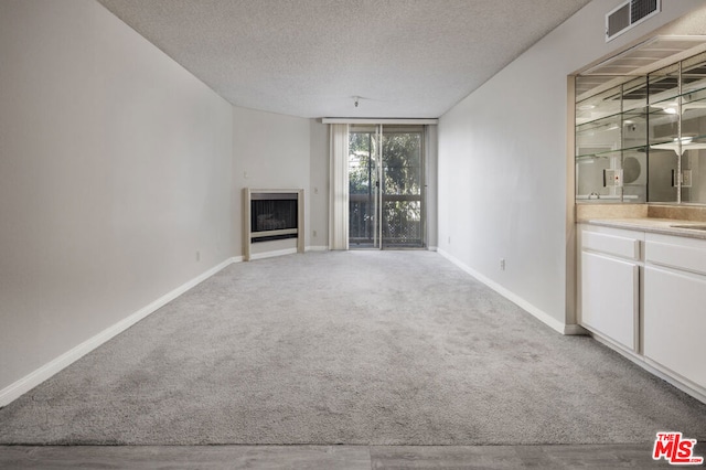 unfurnished living room with a textured ceiling and light carpet