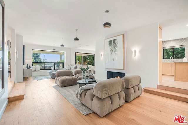 living room with light hardwood / wood-style flooring