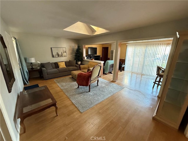 living room with a skylight and light hardwood / wood-style floors