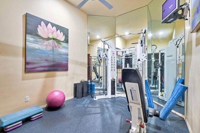 workout area with ceiling fan