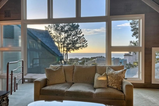 living room with a water view and carpet floors