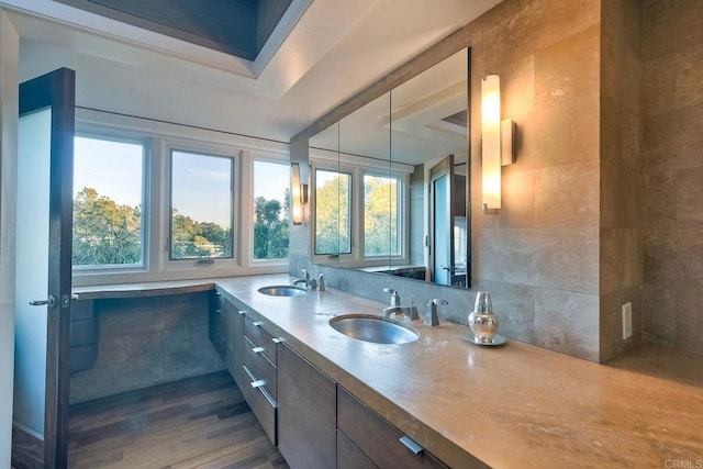 bathroom with vanity and wood-type flooring