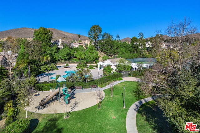 birds eye view of property with a mountain view