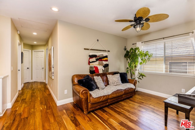 living room with ceiling fan and wood-type flooring