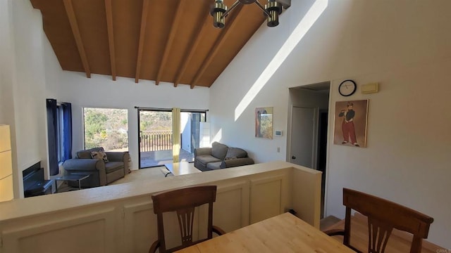 kitchen with wood ceiling, beam ceiling, and high vaulted ceiling