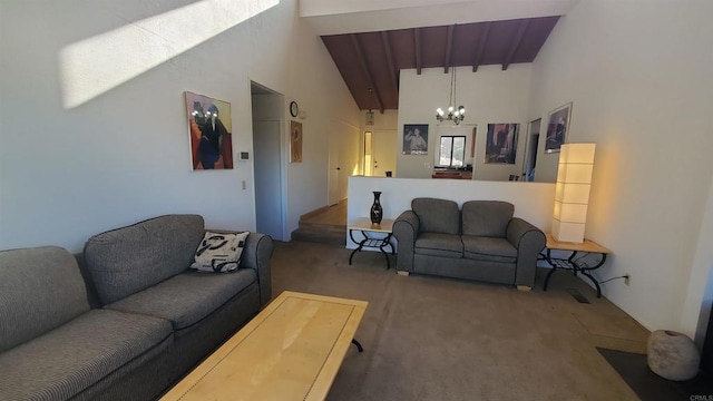 carpeted living room featuring high vaulted ceiling, beam ceiling, and a chandelier