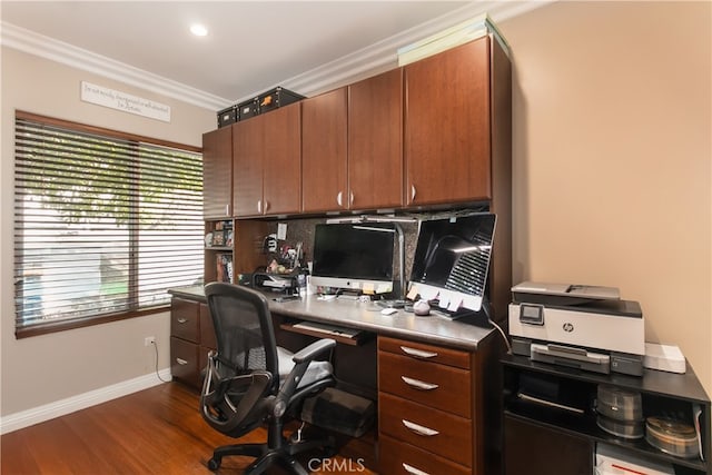 home office with dark hardwood / wood-style flooring and crown molding