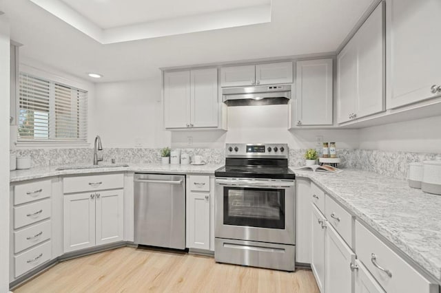 kitchen featuring sink, appliances with stainless steel finishes, a raised ceiling, and light wood-type flooring