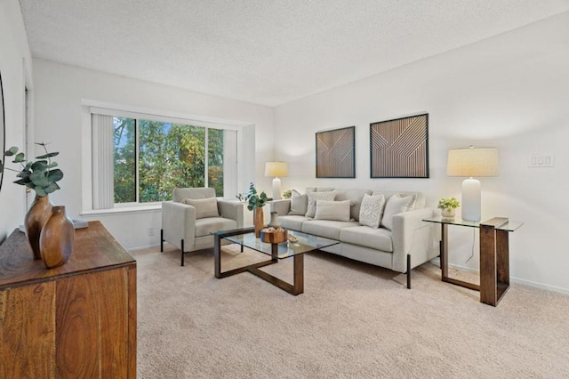 carpeted living room with a textured ceiling