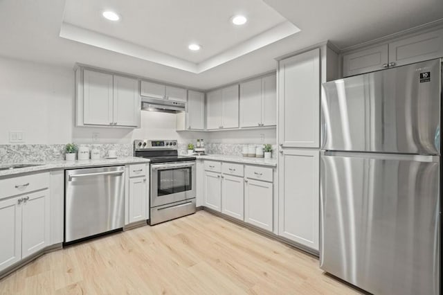 kitchen with light stone counters, a tray ceiling, stainless steel appliances, and light hardwood / wood-style floors