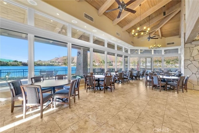 sunroom with wooden ceiling, a healthy amount of sunlight, a water view, and ceiling fan with notable chandelier