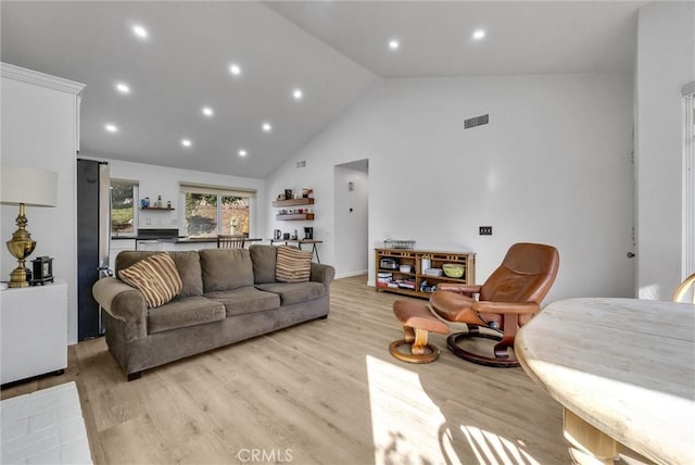 living room with light hardwood / wood-style flooring and high vaulted ceiling