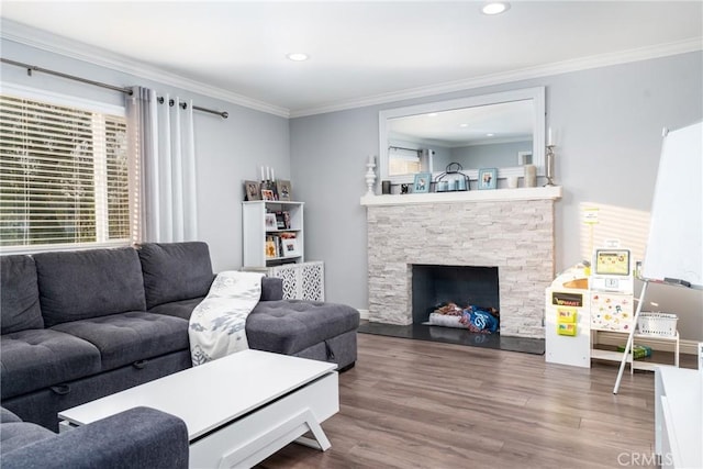 living room featuring ornamental molding, a fireplace, and hardwood / wood-style floors