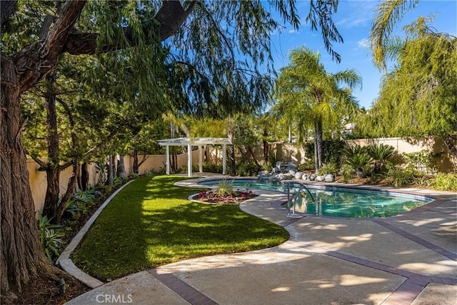 view of swimming pool with a pergola, a patio area, and a lawn