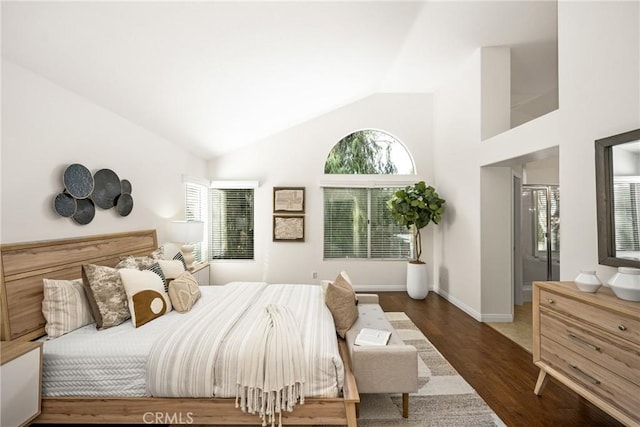 bedroom featuring high vaulted ceiling and dark hardwood / wood-style floors