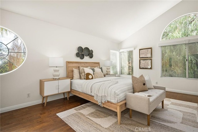 bedroom with multiple windows, vaulted ceiling, and dark wood-type flooring