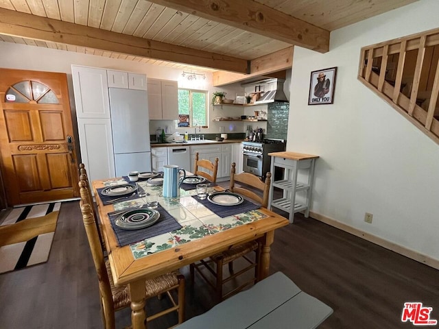 interior space with wooden ceiling, sink, dark hardwood / wood-style floors, and beamed ceiling