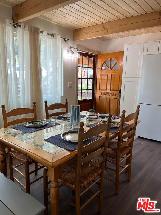 dining area featuring wooden ceiling, dark hardwood / wood-style flooring, and beamed ceiling