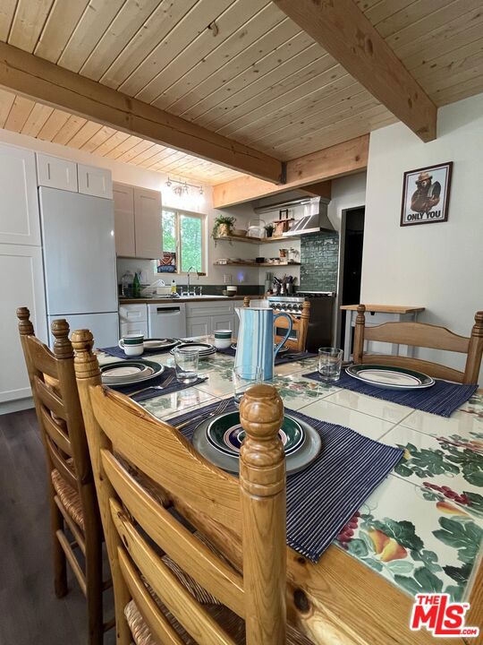 dining room featuring dark wood-type flooring, sink, beam ceiling, and wood ceiling