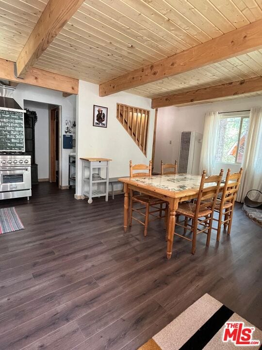 dining area with wooden ceiling, dark hardwood / wood-style floors, and beam ceiling