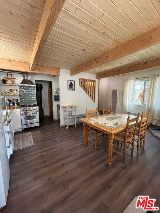 dining room featuring wood ceiling, beamed ceiling, and dark hardwood / wood-style floors