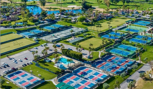 birds eye view of property featuring a water view