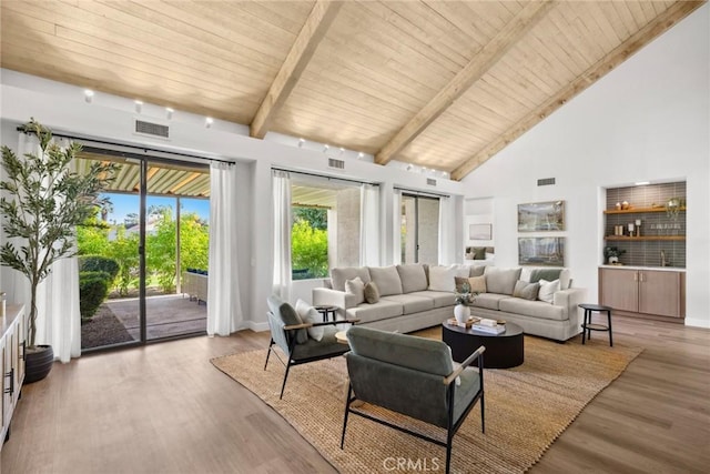 living room featuring beam ceiling, wood-type flooring, sink, wood ceiling, and high vaulted ceiling