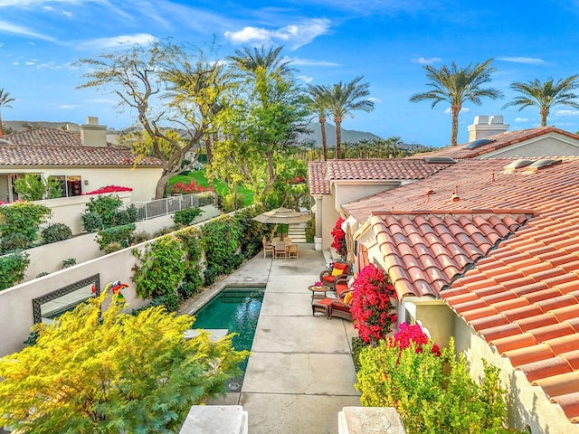 view of yard featuring a patio area and a fenced in pool