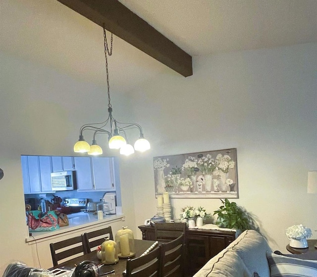 4115 Cyprus Island Ct, Fallbrook, CA 92028 - dining room featuring beamed ceiling, a chandelier, and a towering ceiling