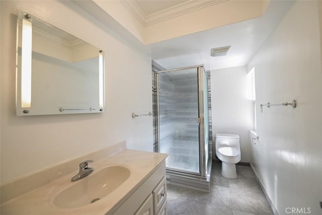 bathroom featuring toilet, vanity, an enclosed shower, and crown molding