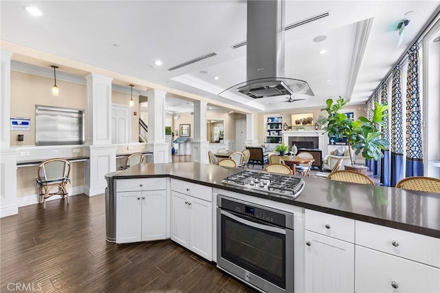 kitchen featuring decorative light fixtures, ceiling fan, a tray ceiling, stainless steel appliances, and white cabinets