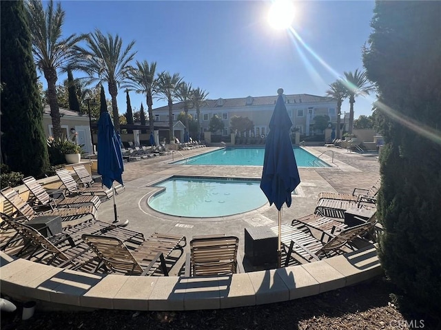 view of swimming pool with a patio