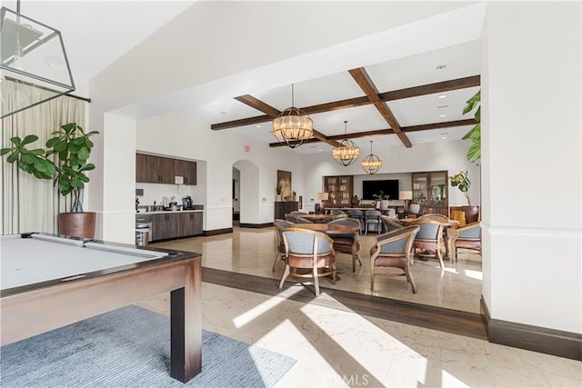 dining area with pool table, beamed ceiling, and coffered ceiling