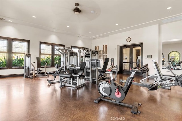 workout area featuring ceiling fan