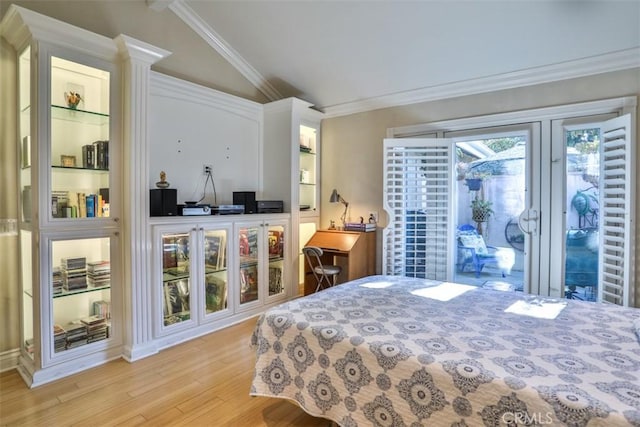 bedroom with vaulted ceiling, ornamental molding, light hardwood / wood-style flooring, and access to outside