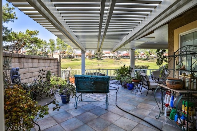 view of patio featuring a pergola and outdoor lounge area