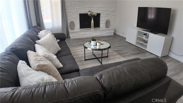 living room with wood-type flooring and a fireplace