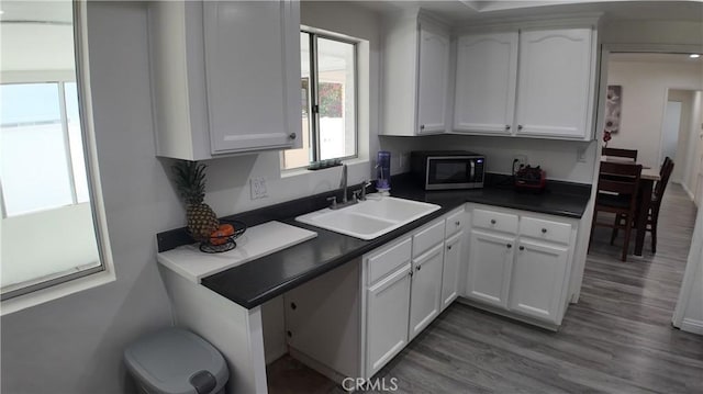 kitchen featuring dark wood-type flooring, sink, and white cabinets