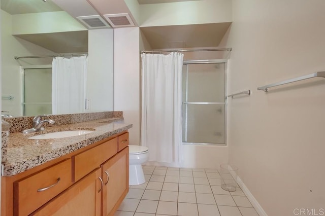 full bathroom featuring tile patterned floors, vanity, shower / tub combo, and toilet